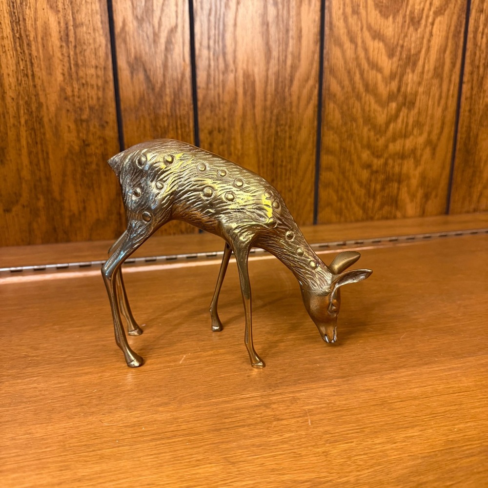 Vintage Brass Deer Figurine Gold Statue Grazing Fawn MCM Decor Woodland Cottage